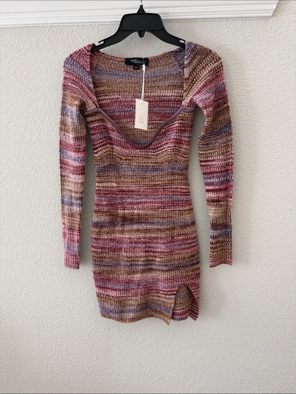 Striped Knit Scoop-Neck Bodycon Dress in Multi Pink-Brown